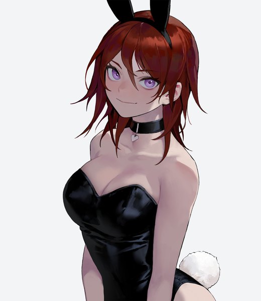 Anime picture 1300x1500 with original dongho kang single tall image looking at viewer blush fringe short hair breasts light erotic simple background smile hair between eyes large breasts purple eyes bare shoulders animal ears cleavage upper body red hair