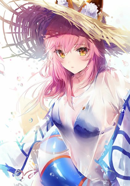 Anime picture 906x1288 with fate (series) fate/extra tamamo (fate) (all) tamamo no mae (swimsuit lancer) (fate) tr (hareru) single long hair tall image looking at viewer blush fringe breasts open mouth light erotic simple background hair between eyes white background holding signed animal ears