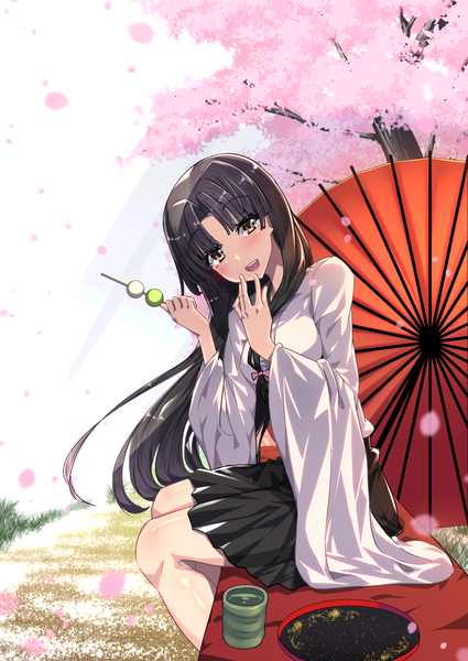 Anime picture 1000x1412 with kantai collection shouhou light aircraft carrier inu3 single long hair tall image looking at viewer fringe open mouth black hair smile sitting holding brown eyes bent knee (knees) outdoors traditional clothes head tilt :d japanese clothes