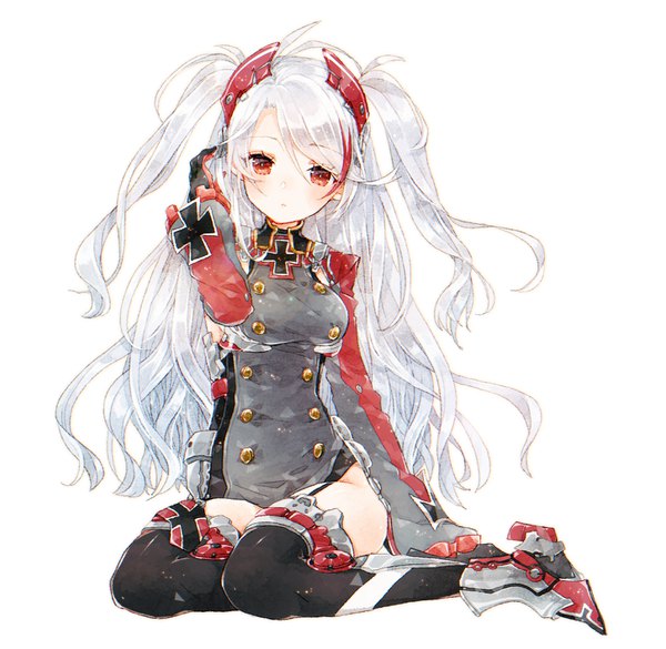 Anime picture 1452x1418 with azur lane prinz eugen (azur lane) kikka (kicca choco) single long hair looking at viewer blush simple background red eyes white background sitting silver hair full body two side up adjusting hair side slit yokozuwari girl thighhighs black thighhighs