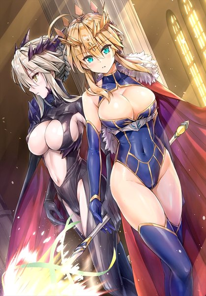 Anime picture 700x1003 with fate (series) fate/grand order artoria pendragon (all) artoria pendragon (lancer alter) artoria pendragon (lancer) kotatsu (kotatsu358) tall image looking at viewer blush fringe short hair breasts light erotic blonde hair hair between eyes large breasts multiple girls holding yellow eyes payot