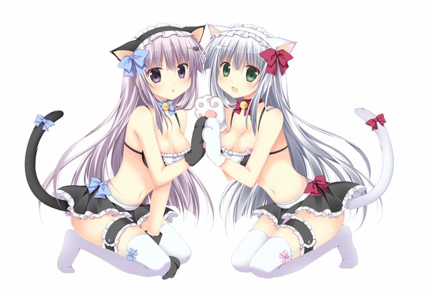 Anime picture 10984x7441 with alice or alice airi (alice or alice) rise (alice or alice) korie riko long hair looking at viewer blush fringe highres breasts open mouth light erotic simple background smile large breasts white background purple eyes multiple girls green eyes animal ears