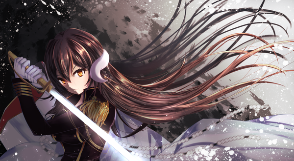 Anime picture 2250x1240 with azur lane mikasa (azur lane) selinentius single looking at viewer fringe highres simple background hair between eyes brown hair wide image holding upper body very long hair horn (horns) orange eyes floating hair shaded face fighting stance military