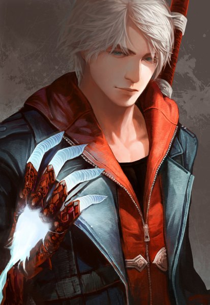 Anime picture 1774x2574 with devil may cry nero (devil may cry) single tall image looking at viewer highres short hair blue eyes white hair light smile demon boy weapon sword katana zipper devil bringer