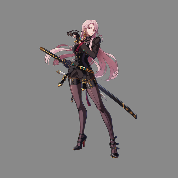 Anime-Bild 2048x2048 mit dungeon and fighter dnf duel spectre (dungeon and fighter) single long hair looking at viewer fringe highres simple background red eyes standing pink hair full body long sleeves grey background official art sheathed sunglasses removed girl gloves