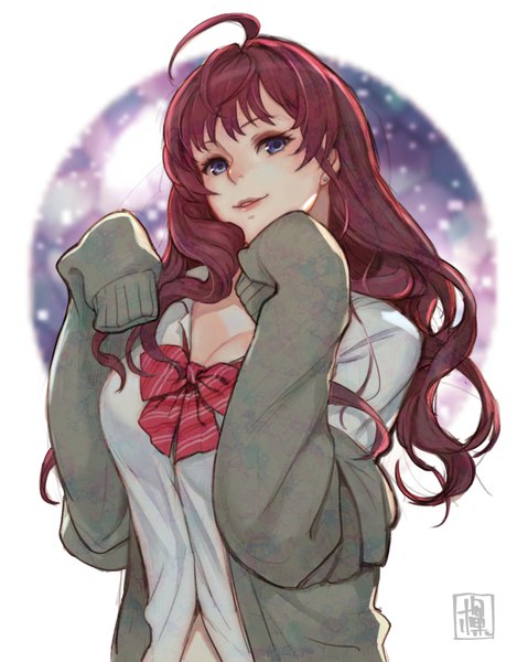 Anime picture 719x900 with idolmaster idolmaster cinderella girls ichinose shiki gamerag single long hair tall image looking at viewer fringe breasts blue eyes simple background brown hair signed cleavage ahoge upper body long sleeves parted lips off shoulder