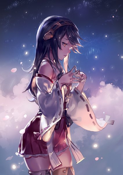 Anime-Bild 622x880 mit kantai collection haruna battleship kishiyo single long hair tall image black hair standing brown eyes sky cloud (clouds) long sleeves profile wide sleeves sparkle nontraditional miko girl detached sleeves petals boots