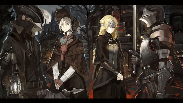 Anime picture 2000x1127 with bloodborne dark souls (series) dark souls dark souls 3 from software hunter (bloodborne) plain doll fire keeper ashen one (dark souls 3) saberiii long hair fringe highres short hair open mouth blonde hair hair between eyes wide image standing multiple girls