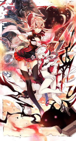 Anime picture 800x1474 with original pixiv fantasia pixiv fantasia t kingchenxi long hair tall image looking at viewer fringe open mouth light erotic smile red eyes standing twintails multiple girls yellow eyes bent knee (knees) white hair barefoot horn (horns)