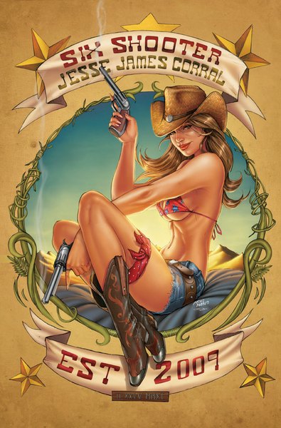 Anime picture 659x1000 with squirrelshaver single long hair tall image light erotic smile brown hair brown eyes full body lips star print smoking gun cowboy girl weapon hat shorts boots belt star (symbol)