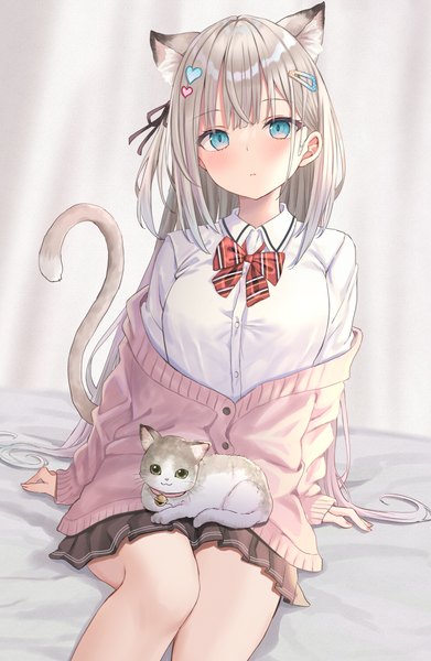Anime picture 3886x5957 with original akino ell single long hair tall image looking at viewer blush fringe highres breasts blue eyes sitting animal ears absurdres silver hair bent knee (knees) indoors tail blunt bangs long sleeves