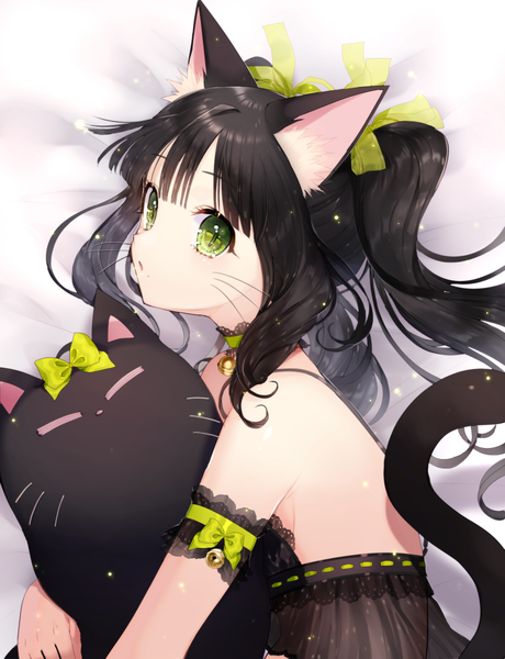 Anime picture 920x1200 with original momoshiki tsubaki single long hair tall image looking at viewer fringe black hair twintails bare shoulders green eyes animal ears upper body tail lying animal tail cat ears cat girl cat tail cute