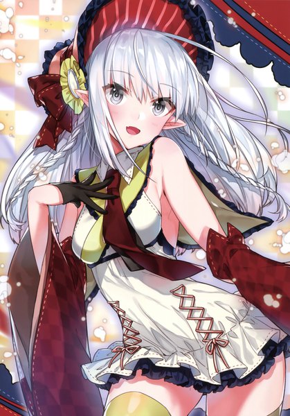 Anime picture 2379x3406 with original shirako miso shiso single long hair tall image looking at viewer blush highres breasts open mouth white hair braid (braids) pointy ears grey hair scan wide sleeves girl thighhighs dress
