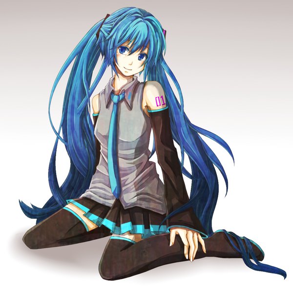 Anime picture 1100x1100 with vocaloid hatsune miku kinnpatu (artist) single long hair blue eyes simple background smile sitting twintails bare shoulders blue hair girl skirt detached sleeves miniskirt necktie thigh boots