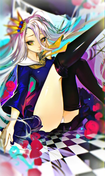 Anime picture 1000x1667 with no game no life madhouse shiro (no game no life) miyako (pixiv) single long hair tall image looking at viewer light erotic hair between eyes white hair orange eyes pantyshot pantyshot sitting checkered floor girl thighhighs skirt uniform underwear