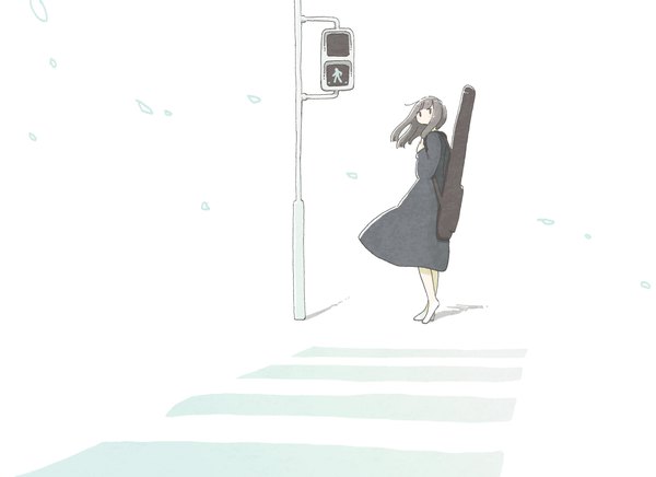 Anime picture 2506x1820 with original east sha2 single long hair looking at viewer fringe highres white background long sleeves looking back wind grey hair from behind crosswalk no nose girl dress black dress traffic lights