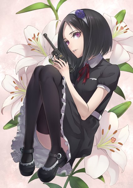 Anime picture 1400x1979 with original churayuki single tall image fringe short hair light erotic black hair purple eyes parted lips head tilt short sleeves puffy sleeves looking up embryo's pose girl thighhighs dress flower (flowers) weapon