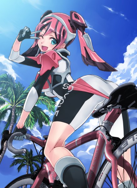 Anime picture 1461x2000 with matsuryuu single tall image looking at viewer blush open mouth blue eyes light erotic sky cloud (clouds) one eye closed wink girl gloves plant (plants) tree (trees) ground vehicle palm tree helmet bike shorts