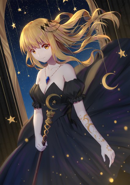 Anime picture 900x1273 with original ji dao ji single long hair tall image looking at viewer fringe breasts blonde hair hair between eyes standing bare shoulders holding yellow eyes cleavage wind night short sleeves tattoo dutch angle