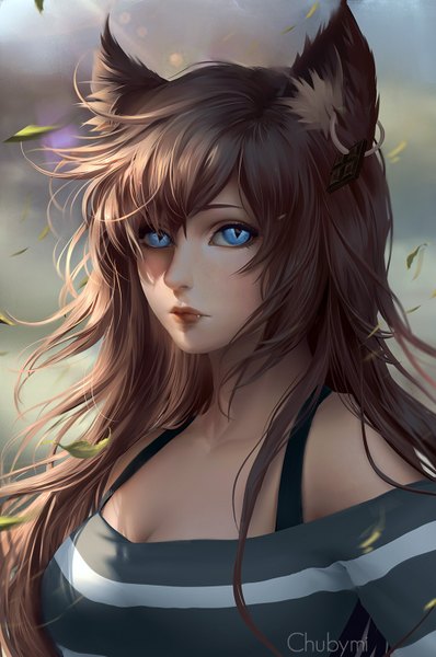 Anime picture 1000x1505 with original chubymi single long hair tall image looking at viewer blush fringe breasts blue eyes hair between eyes brown hair large breasts signed animal ears payot upper body wind lips cat ears