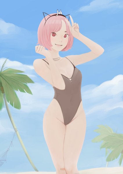 Anime picture 2480x3508 with original lika (jubi) jubi (regiana) single tall image looking at viewer highres short hair light erotic smile red eyes standing signed pink hair sky cloud (clouds) parted lips arms up beach symbol-shaped pupils