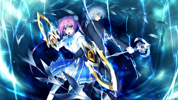 Anime picture 1280x720 with koiken otome tateha (marvelous grace) short hair blue eyes red eyes wide image pink hair game cg silver hair lightning girl dress boy weapon