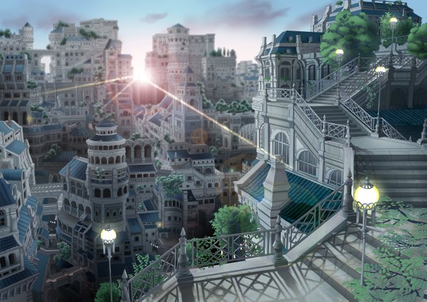 Anime picture 2893x2046 with original munashichi mami (hanyumaru) highres sunlight city cityscape no people sunbeam architecture colored plant (plants) building (buildings) lantern stairs railing lamppost