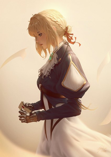 Anime picture 848x1200 with violet evergarden kyoto animation violet evergarden (character) raikoart single tall image fringe short hair blue eyes simple background blonde hair hair between eyes standing holding payot looking away braid (braids) profile realistic hair bun (hair buns)