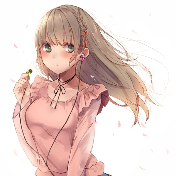 Anime picture 1500x1500 with original amane ruri single long hair looking at viewer fringe blue eyes simple background blonde hair white background holding upper body braid (braids) parted lips wind :o girl petals headphones
