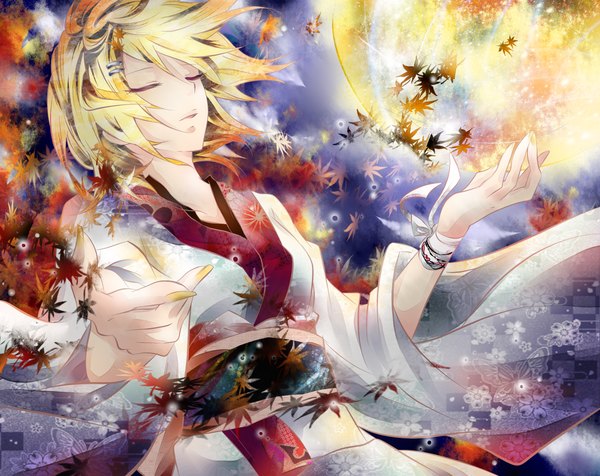 Anime picture 1200x952 with vocaloid kagamine rin tyouya single short hair blonde hair eyes closed japanese clothes girl belt kimono leaf (leaves) moon