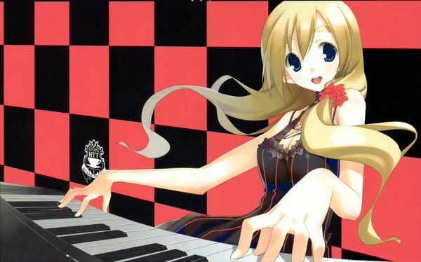 Anime picture 2797x1747 with k-on! kyoto animation kotobuki tsumugi kagome (traumatize) single long hair fringe highres open mouth blue eyes blonde hair hair between eyes wide image twintails :d low twintails checkered checkered background playing instrument cropped