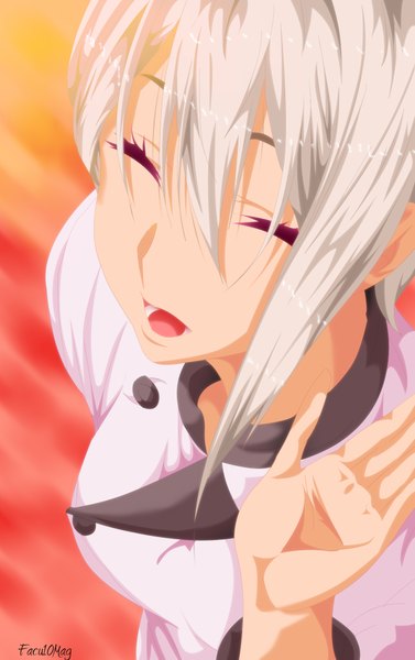 Anime picture 1300x2069 with shokugeki no soma j.c. staff nakiri alice facu10mag single tall image short hair open mouth smile signed eyes closed from above grey hair chef girl uniform clothes