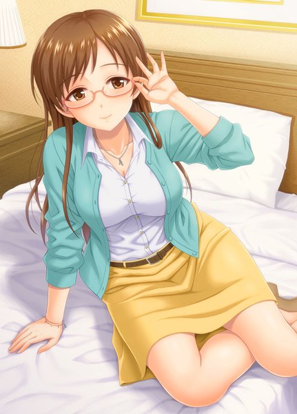 Anime picture 798x1110 with idolmaster idolmaster cinderella girls nitta minami hida tatsuo single long hair tall image looking at viewer blush fringe breasts smile brown hair sitting brown eyes bent knee (knees) indoors open clothes arm support adjusting glasses