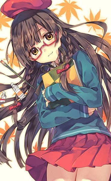 Anime picture 540x877 with original oekaki musume (qpixiv) natsu natsuna single long hair tall image looking at viewer blush fringe smile brown hair yellow eyes braid (braids) pleated skirt wind girl skirt glasses leaf (leaves) beret