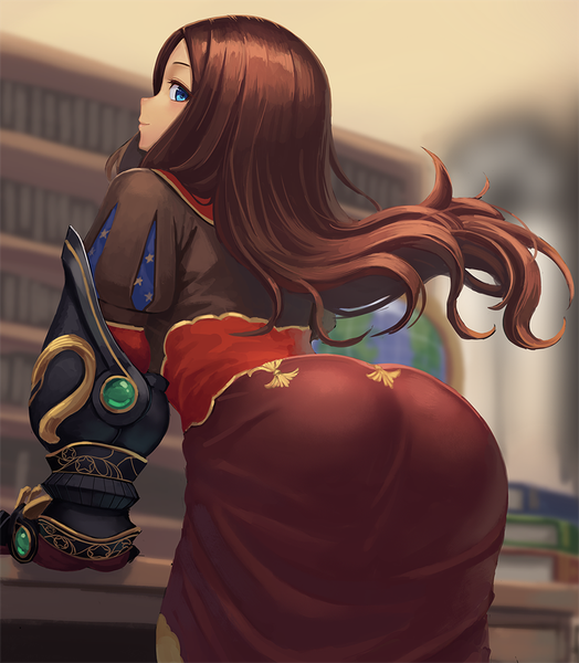 Anime picture 868x995 with fate (series) fate/grand order leonardo da vinci (fate) ranma (kamenrideroz) single long hair tall image looking at viewer blush blue eyes light erotic brown hair standing ass indoors profile looking back from behind blurry arm support