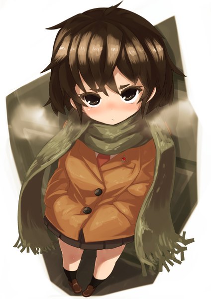 Anime picture 1000x1414 with original sonjow4 single tall image looking at viewer blush short hair brown hair standing white background from above black eyes exhalation girl skirt miniskirt jacket scarf badge