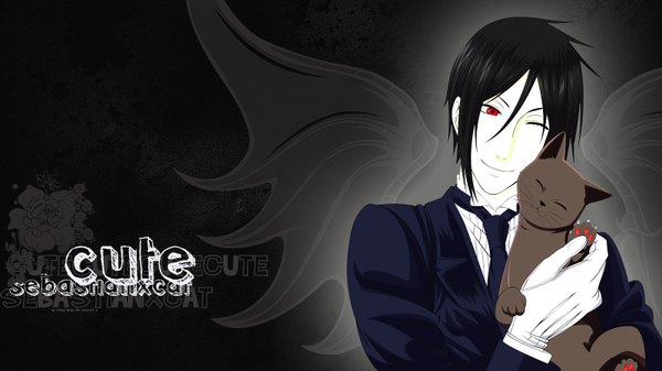 Anime picture 1600x900 with kuroshitsuji a-1 pictures sebastian michaelis short hair black hair smile red eyes wide image one eye closed wink inscription dark background butler boy necktie cat suit