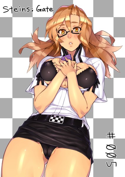 Anime picture 1446x2046 with steins;gate white fox kiryuu moeka 23 (real xxiii) single long hair tall image blush breasts light erotic brown hair large breasts yellow eyes pantyshot cameltoe checkered background girl glasses