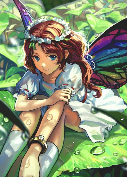 Anime picture 2591x3624 with original tsukun112 single long hair tall image looking at viewer highres blue eyes smile brown hair sitting mole depth of field mole under eye fantasy insect wings butterfly wings minigirl fairy girl