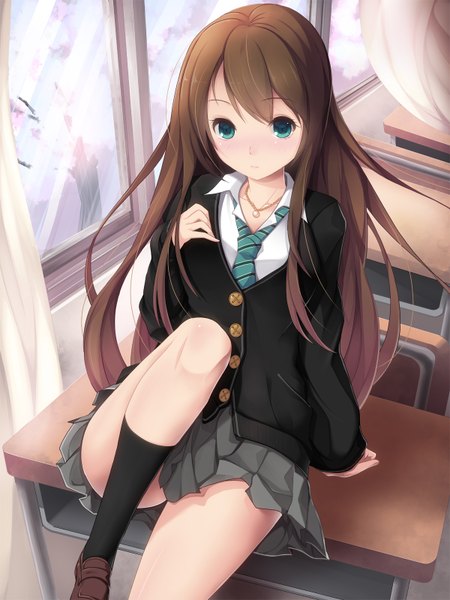 Anime picture 1200x1600 with idolmaster idolmaster cinderella girls shibuya rin koflif single long hair tall image looking at viewer blush fringe light erotic brown hair sitting bent knee (knees) pleated skirt aqua eyes from above wind arm support embarrassed
