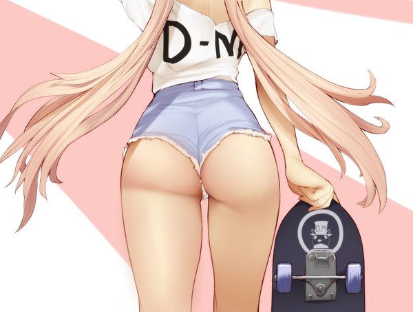 Anime picture 2064x1560 with original milk-doll single long hair highres light erotic simple background blonde hair standing twintails holding ass from behind off shoulder thighs head out of frame clothes writing striped background girl shorts