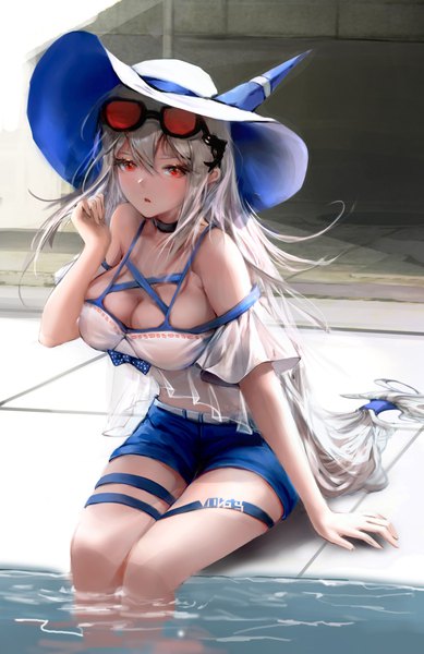 Anime picture 2372x3663 with arknights skadi (arknights) skadi (waverider) (arknights) sishima single tall image fringe highres breasts light erotic hair between eyes red eyes large breasts sitting silver hair very long hair :o official alternate costume low ponytail sunglasses on head
