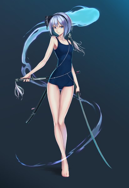 Anime picture 900x1309 with touhou konpaku youmu myon nian (zhanian) single tall image looking at viewer short hair blue eyes light erotic simple background silver hair barefoot bare legs ghost girl weapon swimsuit sword hairband
