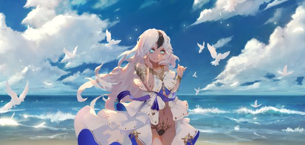 Anime picture 4689x2236 with original weiwenbo single long hair fringe highres light erotic black hair smile wide image standing absurdres sky cloud (clouds) outdoors white hair multicolored hair aqua eyes wind sparkle