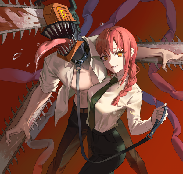 Anime picture 3917x3712 with chainsaw man mappa makima (chainsaw man) denji (chainsaw man) jyuma long hair looking at viewer highres simple background yellow eyes absurdres red hair braid (braids) teeth open shirt single braid red background sharp teeth girl boy