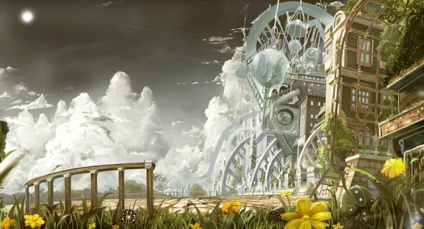 Anime picture 1664x900 with original moka. tapioka wide image sky cloud (clouds) cityscape landscape science fiction condensation trail flower (flowers) building (buildings)