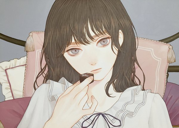 Anime picture 2048x1467 with original konno mayumi single long hair looking at viewer fringe highres brown hair fingernails lips grey eyes wavy hair expressionless traditional media girl food sweets pillow candy blouse