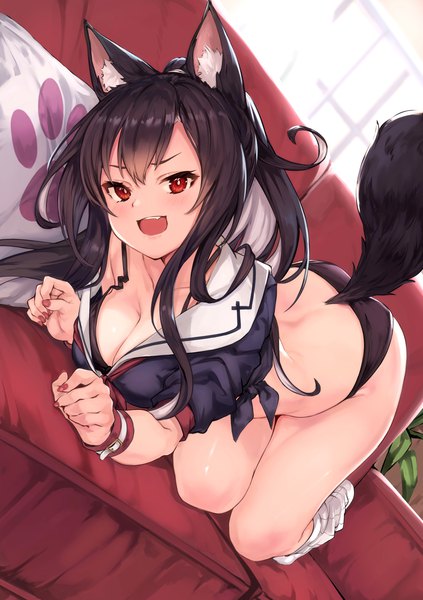 Anime picture 1410x2000 with azur lane shigure (azur lane) maki (maki pei) single long hair tall image looking at viewer blush fringe breasts open mouth light erotic black hair smile red eyes large breasts animal ears cleavage indoors tail