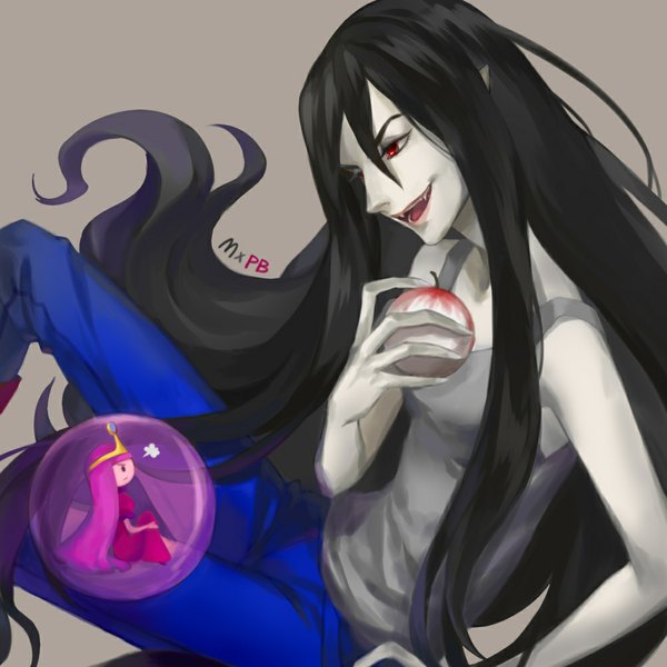 Anime picture 1000x1000 with adventure time marceline (adventure time) princess bubblegum (adventure time) email long hair fringe open mouth black hair smile red eyes sitting multiple girls holding pink hair bent knee (knees) pointy ears teeth eye contact vampire smirk