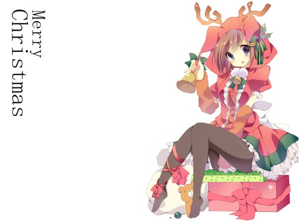 Anime picture 1416x1062 with original umino mizu single looking at viewer blush short hair open mouth simple background brown hair white background sitting purple eyes horn (horns) christmas merry christmas girl hair ornament bow pantyhose bell